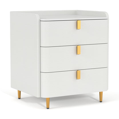 Julian, Upholstered, White Vinyl With Gold Hardware, Marble Top, Three Drawer Nightstand, S41
